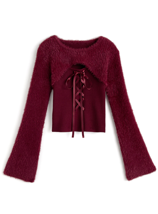 シャギーレイヤード風レースアップニットトップス