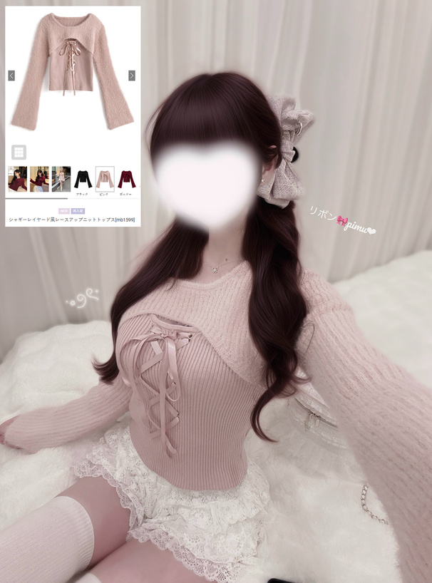 シャギーレイヤード風レースアップニットトップス[mb1599