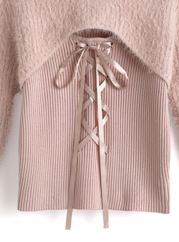 シャギーレイヤード風レースアップニットトップス