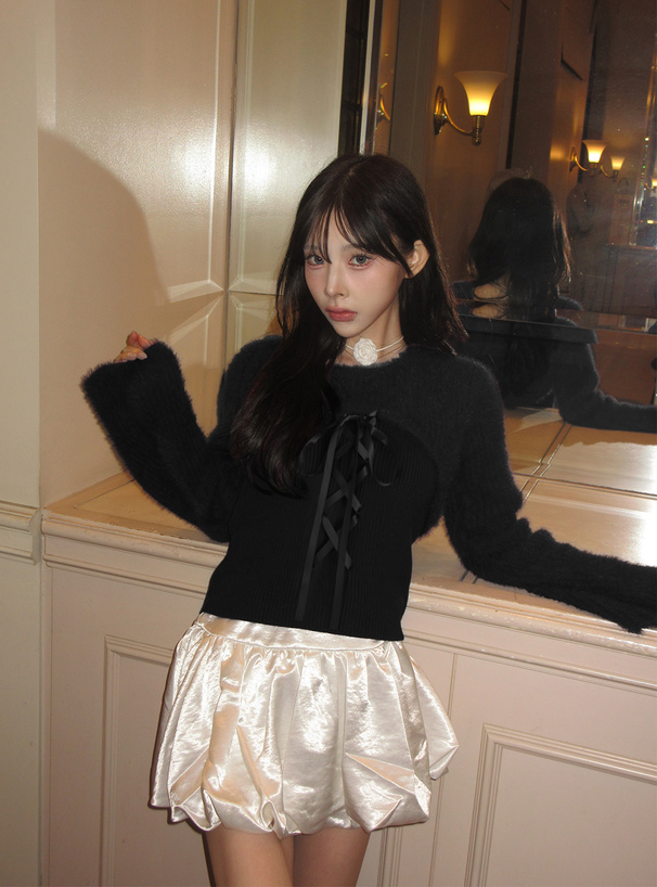 シャギーレイヤード風レースアップニットトップス