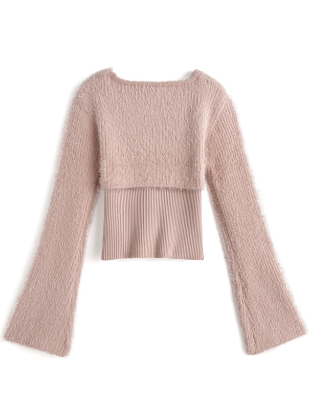 シャギーレイヤード風レースアップニットトップス