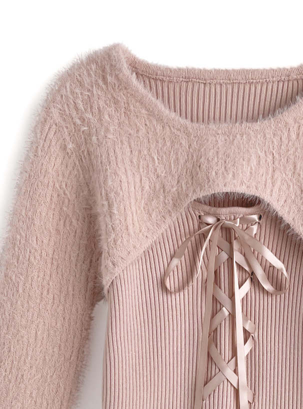 シャギーレイヤード風レースアップニットトップス