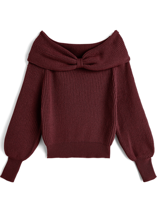 リボンカラーオフショルダーニットトップス