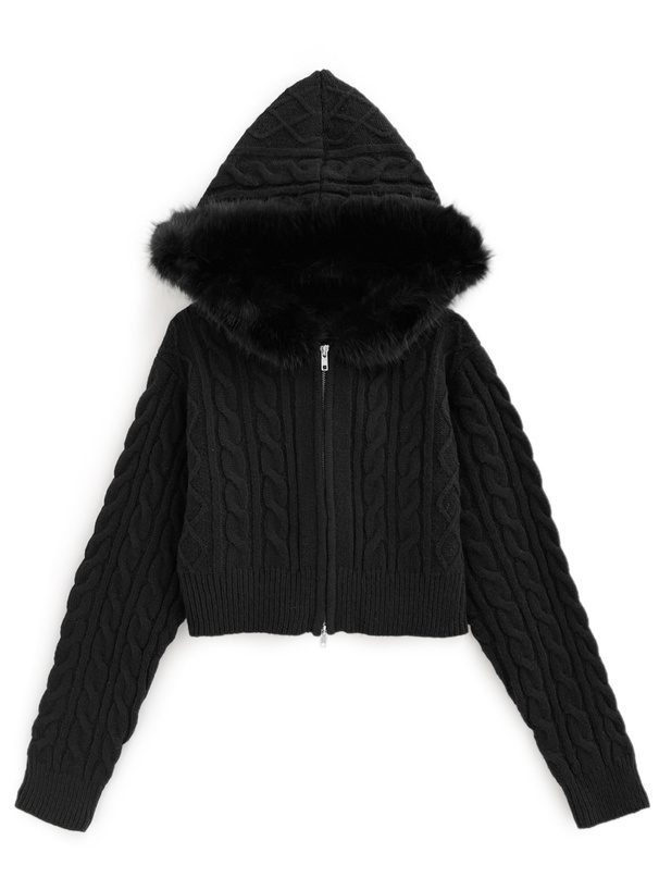 ファーフードダブルジップケーブルニットカーディガン