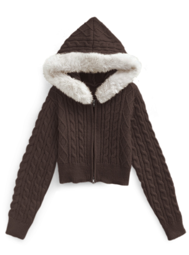 ファーフードダブルジップケーブルニットカーディガン