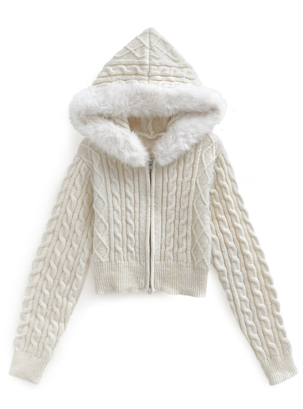 ファーフードダブルジップケーブルニットカーディガン