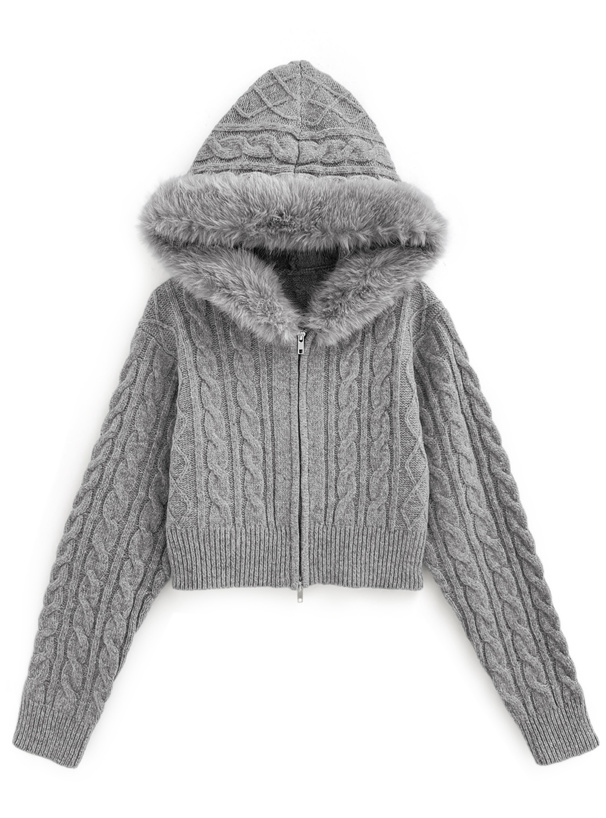 ファーフードダブルジップケーブルニットカーディガン