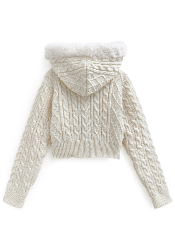 ファーフードダブルジップケーブルニットカーディガン