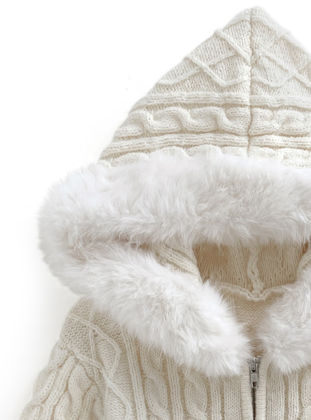 ファーフードダブルジップケーブルニットカーディガン