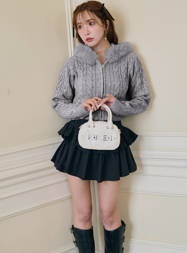 ファーフードダブルジップケーブルニットカーディガン