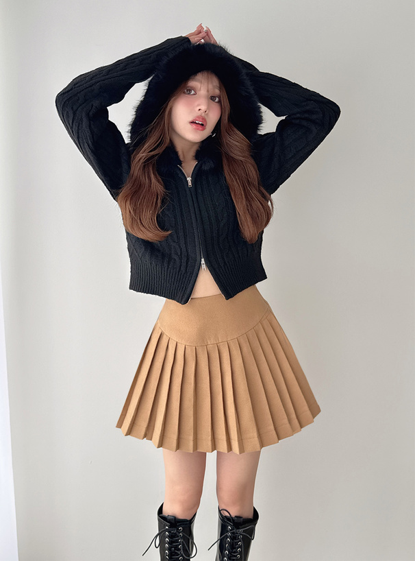 ファーフードダブルジップケーブルニットカーディガン