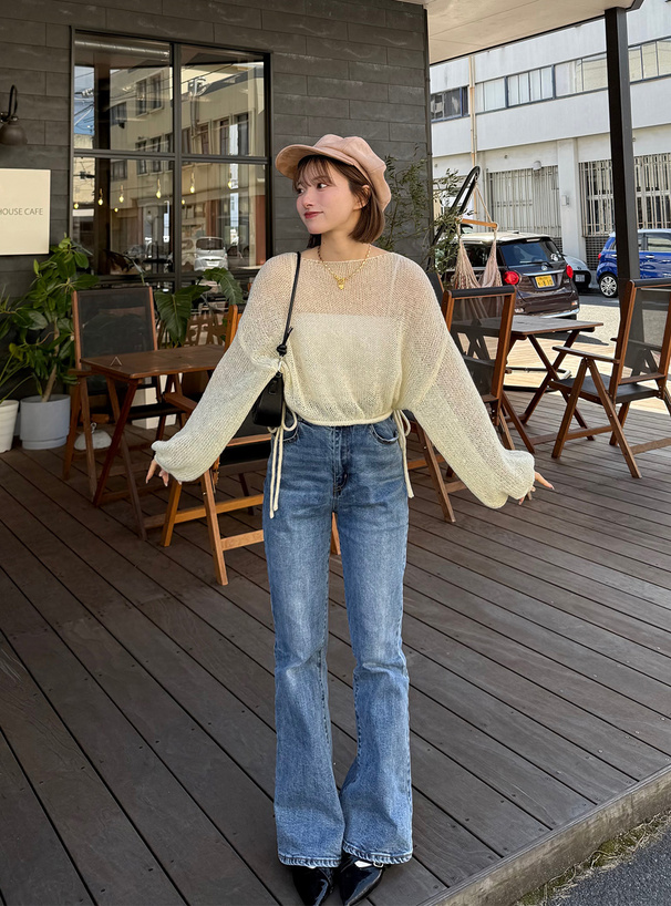 ドロストリボンラメニットトップス