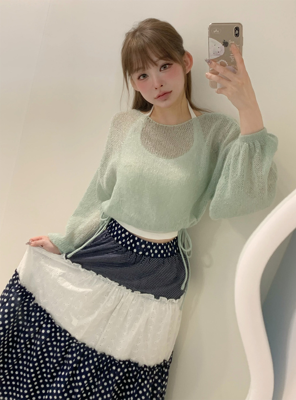 ドロストリボンラメニットトップス