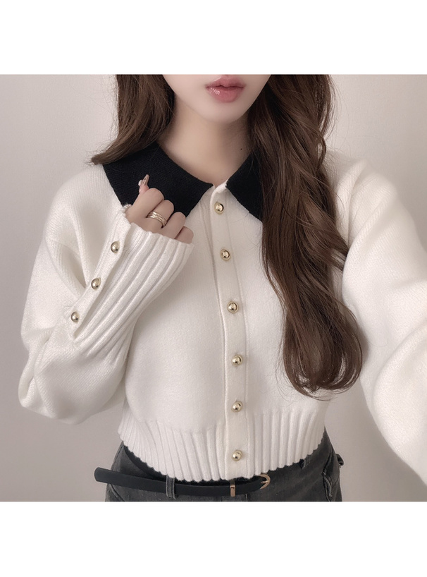 配色カラーゴールドボタンカーディガン