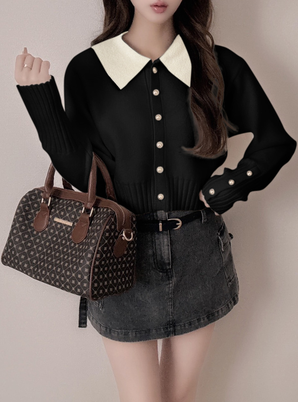 配色カラーゴールドボタンカーディガン