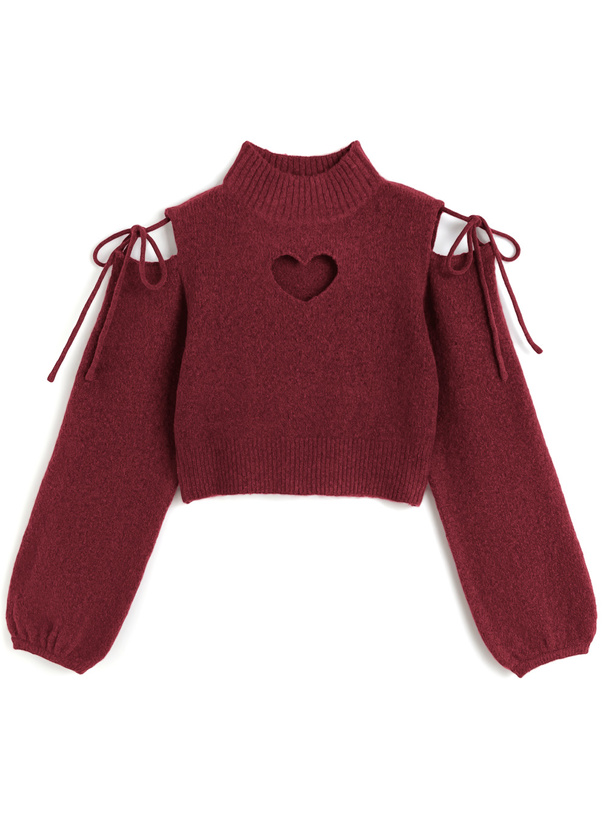 ハートカットアウトショルダーリボンニットトップス[mb1615