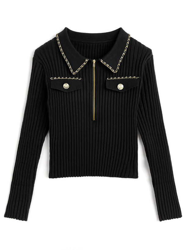 ゴールドチェーンハーフジップリブニットトップス