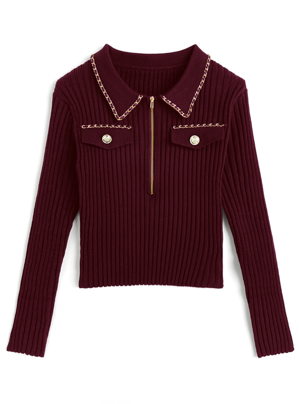 ゴールドチェーンハーフジップリブニットトップス