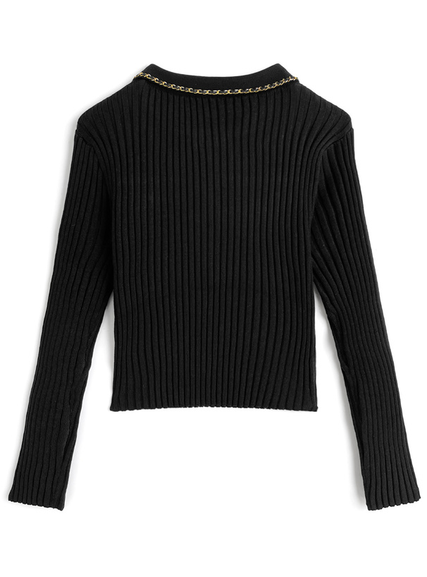 ゴールドチェーンハーフジップリブニットトップス