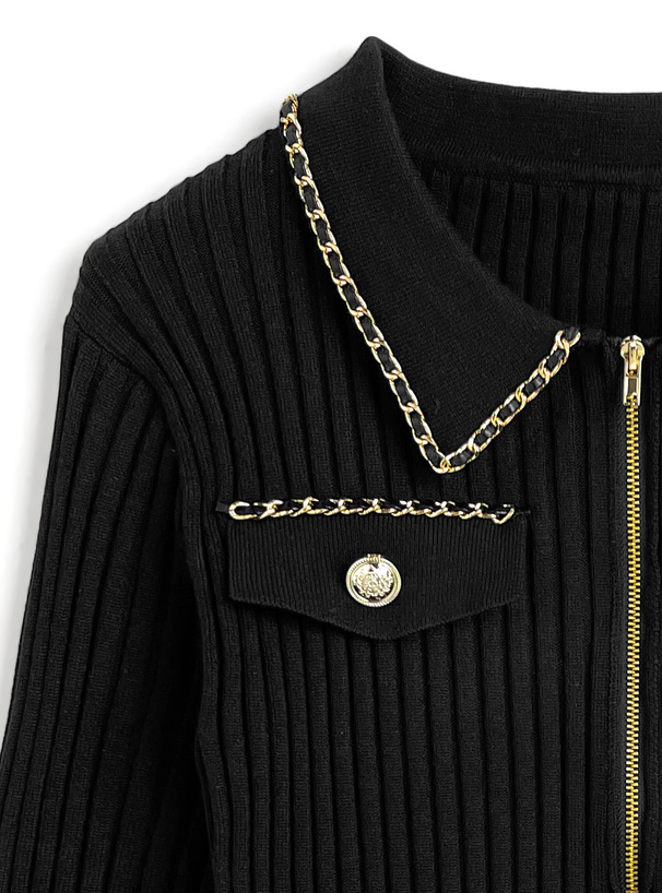 ゴールドチェーンハーフジップリブニットトップス
