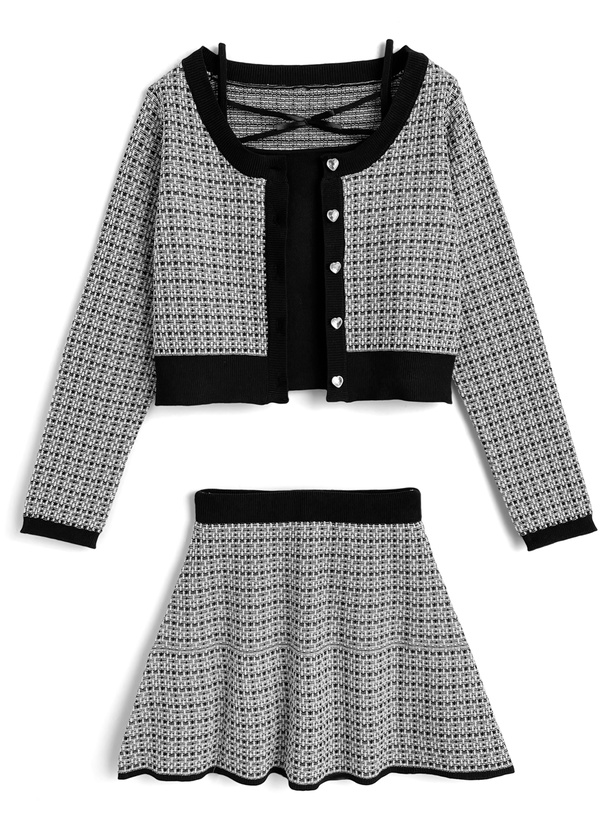 カーディガン×キャミソール×インパン裏地付きミニスカートラメツイードセットアップ[mb1619]