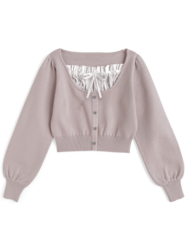 ハートボタンレイヤード風リボンニットトップス