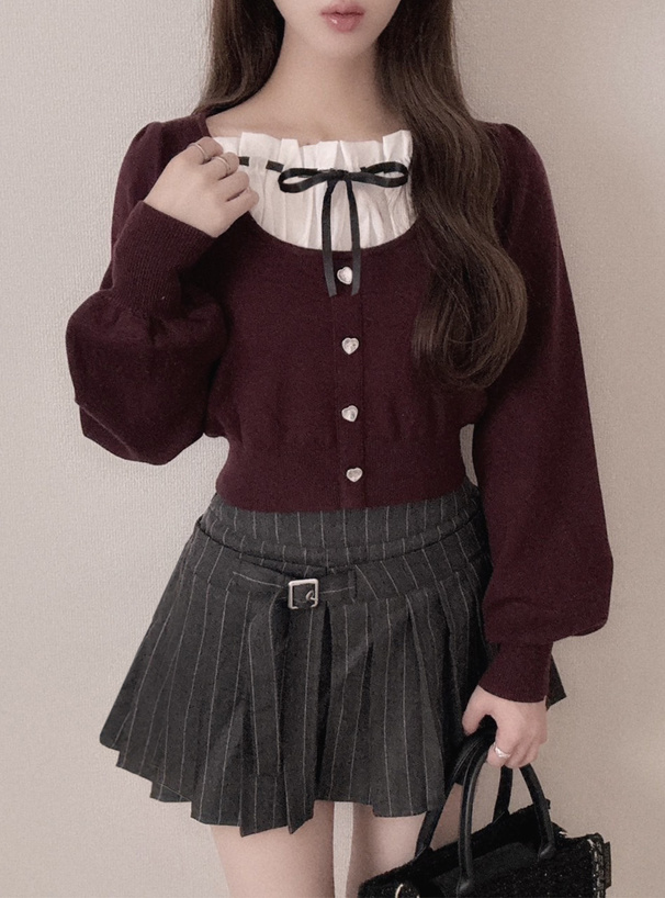 ハートボタンレイヤード風リボンニットトップス[mb1620