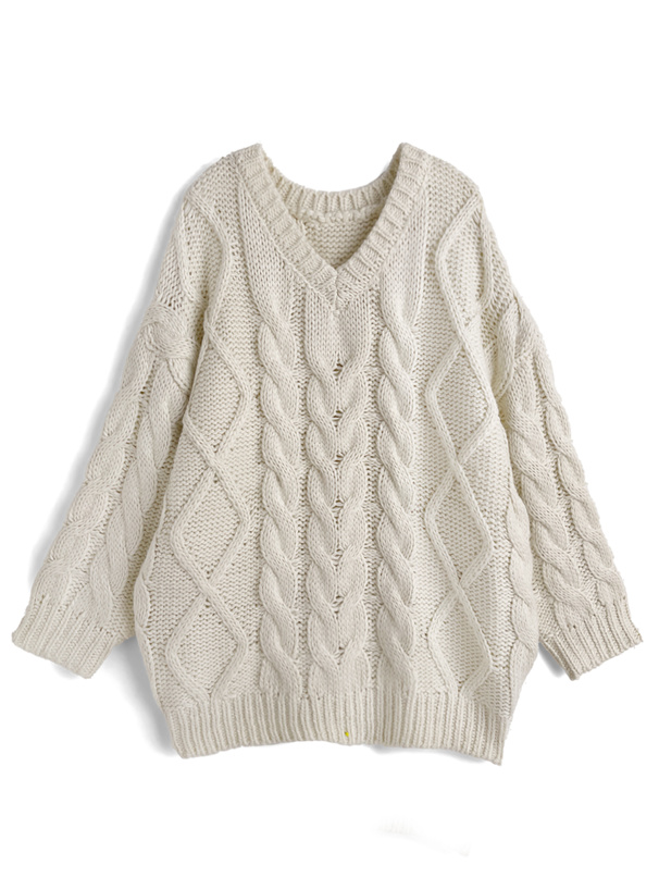 ケーブル編みローゲージVネックニットチュニック[mb1622] | レディース