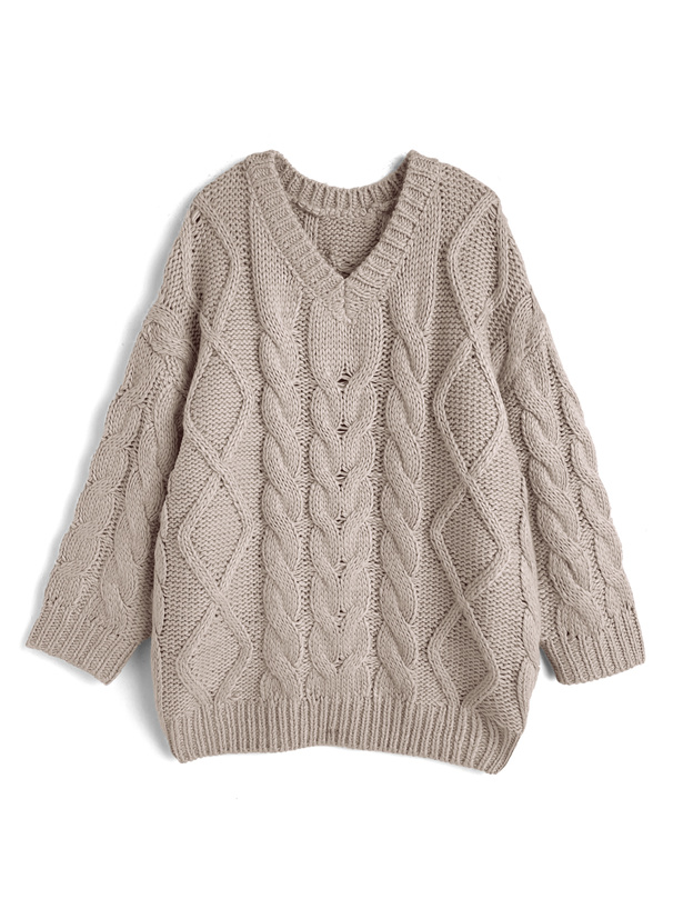 ケーブル編みローゲージVネックニットチュニック[mb1622]