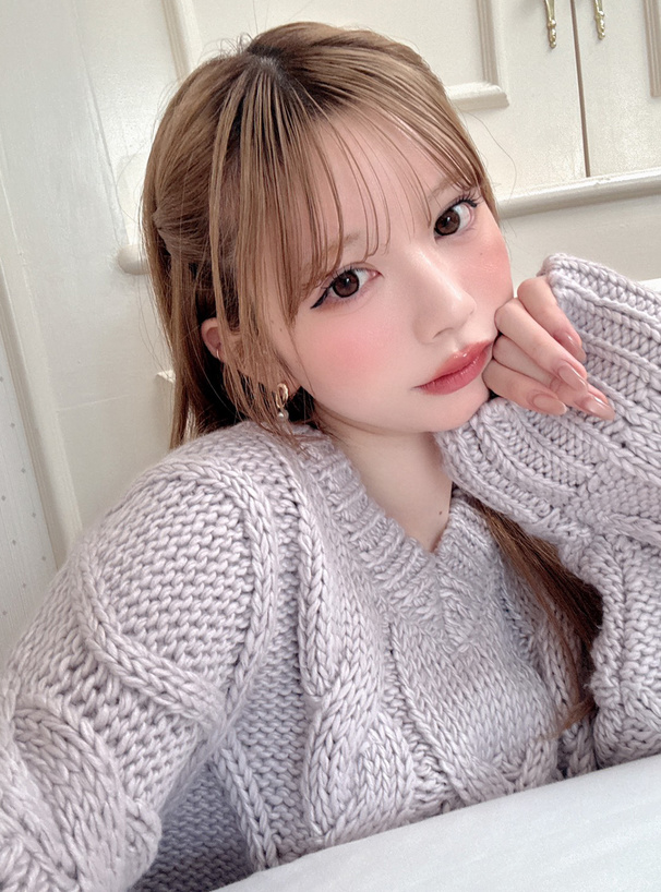 ケーブル編みローゲージVネックニットチュニック