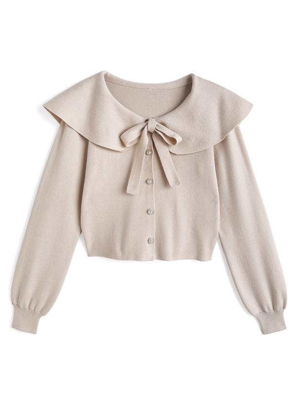 リボン付きビッグカラーニットカーディガン