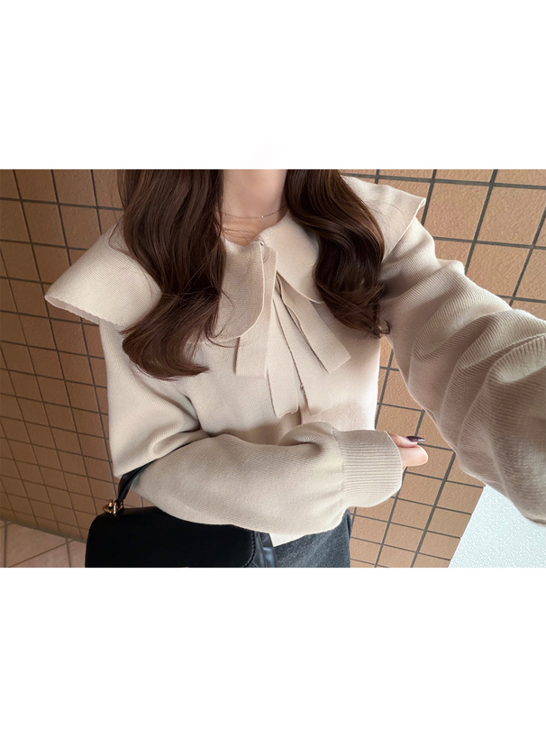 リボン付きビッグカラーニットカーディガン