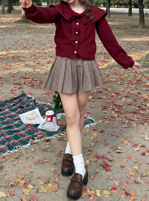 リボン付きビッグカラーニットカーディガン