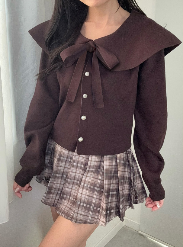 リボン付きビッグカラーニットカーディガン