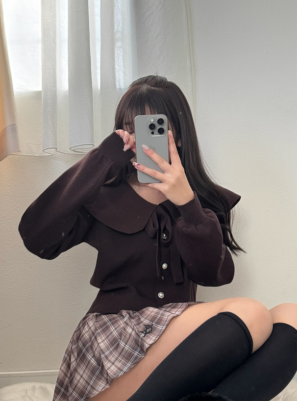 リボン付きビッグカラーニットカーディガン