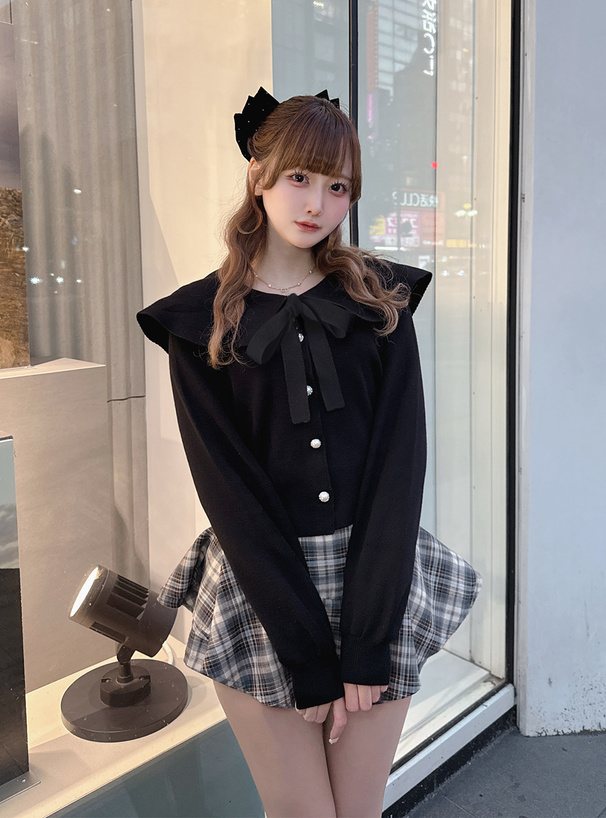 リボン付きビッグカラーニットカーディガン