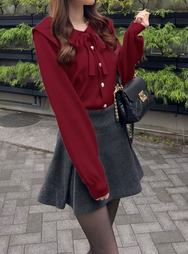 リボン付きビッグカラーニットカーディガン