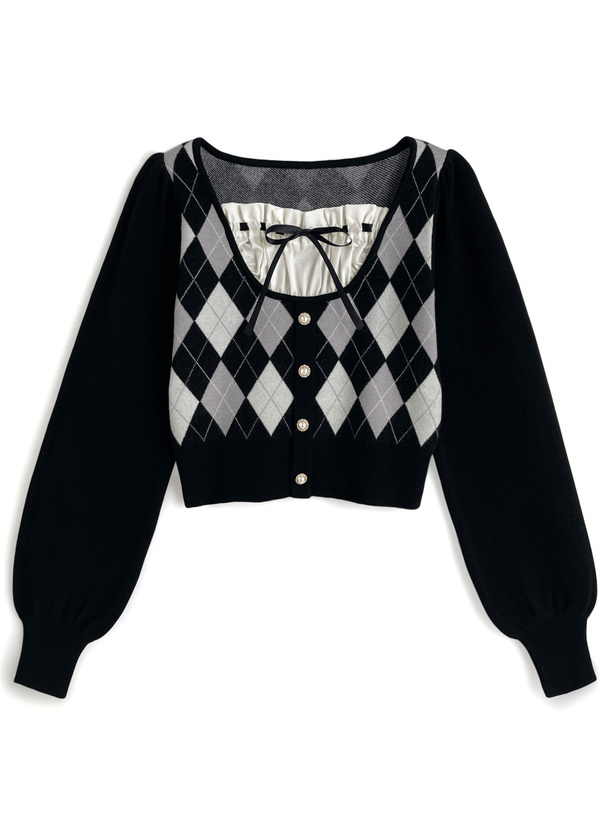 アーガイル柄レイヤード風リボンニットトップス[mb1625]