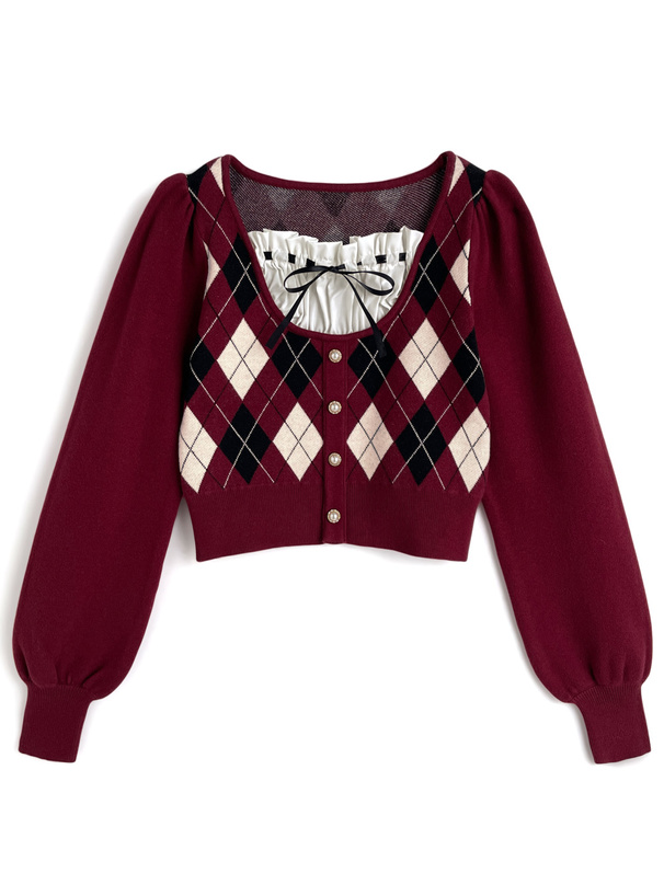 アーガイル柄レイヤード風リボンニットトップス[mb1625] | レディース