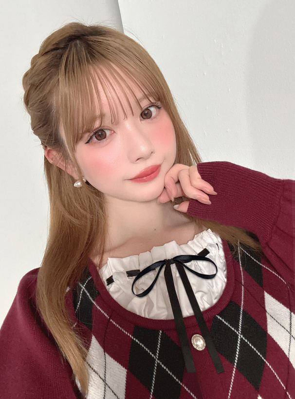 アーガイル柄レイヤード風リボンニットトップス
