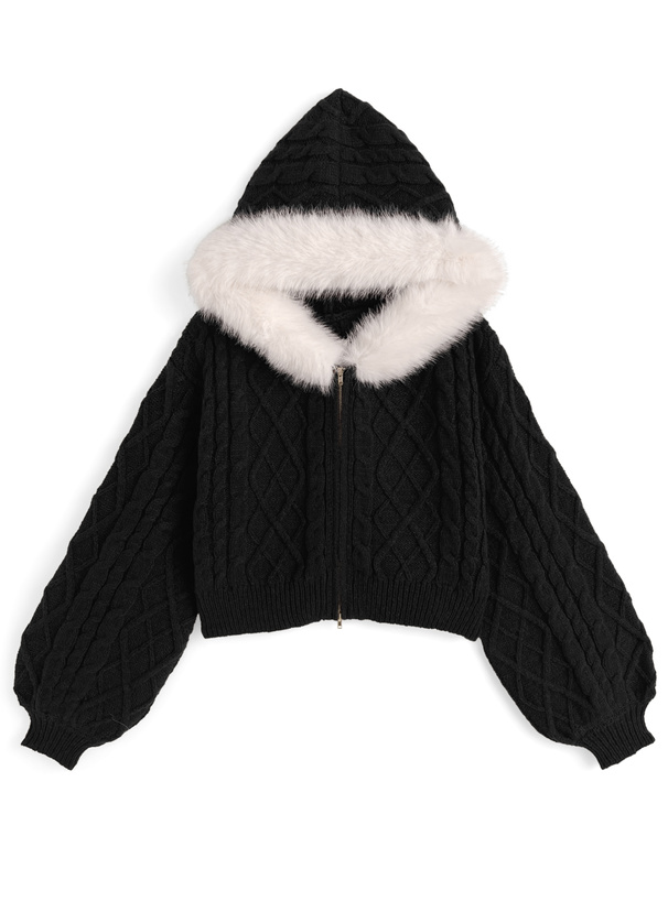 ファーフードケーブル編みニットパーカー[mb1627]