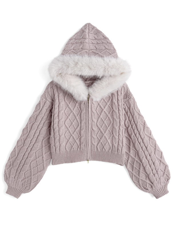 ファーフードケーブル編みニットパーカー[mb1627] | レディース