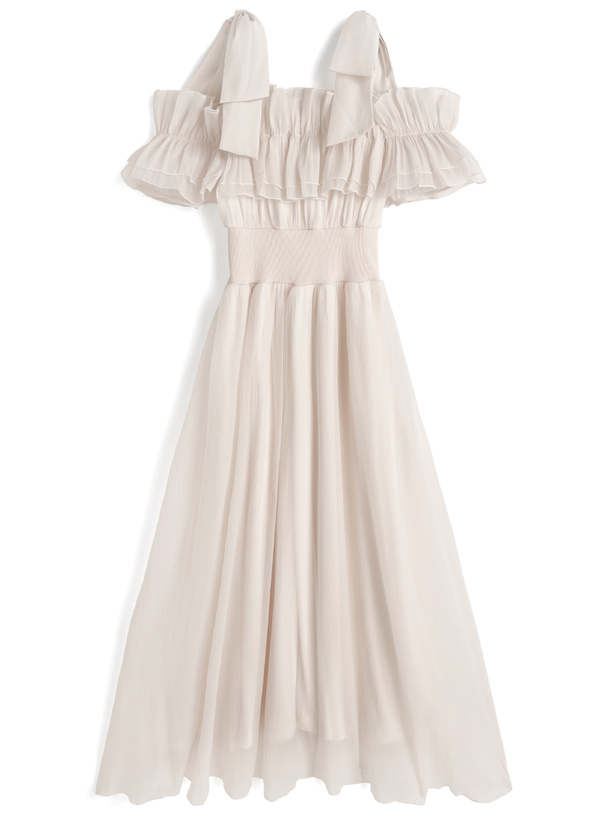 リボンオフショルダーフリルコルセットワンピース