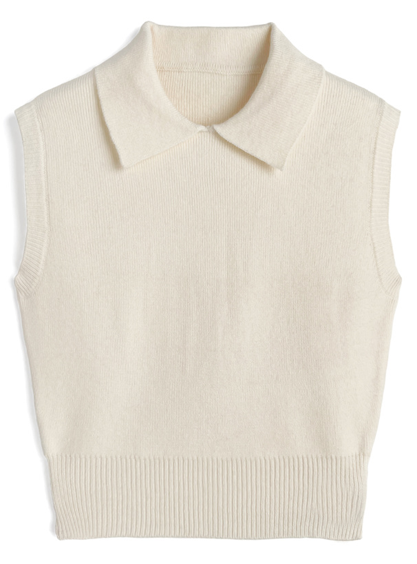 襟付きノースリーブリブニットトップス