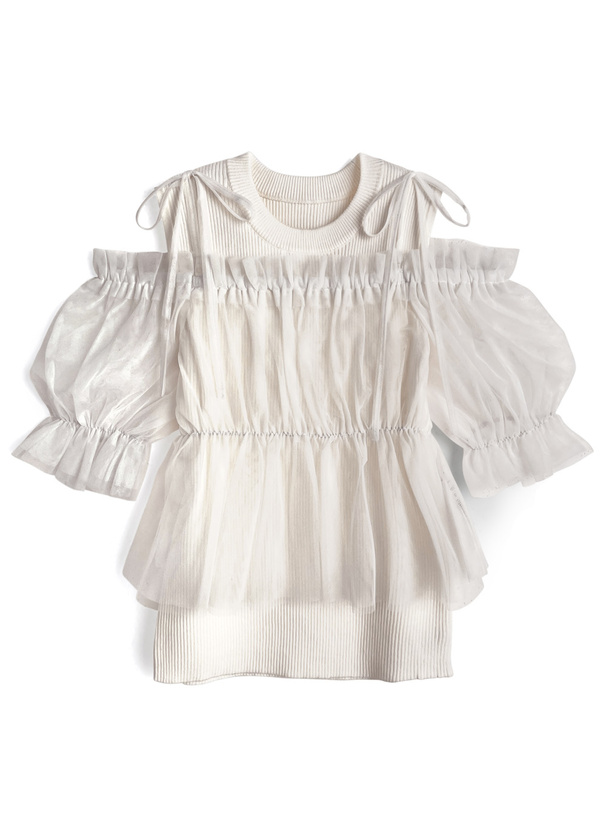 2Wayチュールトップス×ノースリーブリブニットトップスアンサンブル