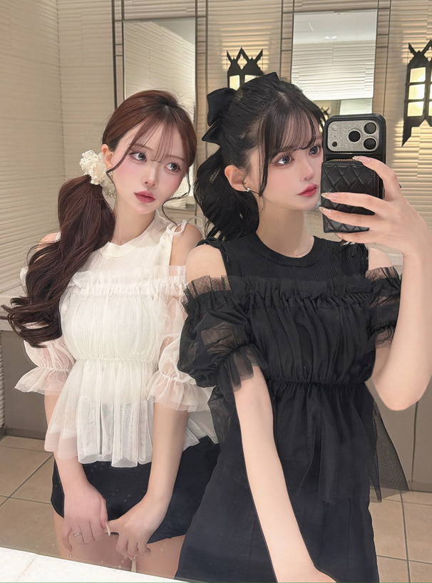 2Wayチュールトップス×ノースリーブリブニットトップスアンサンブル