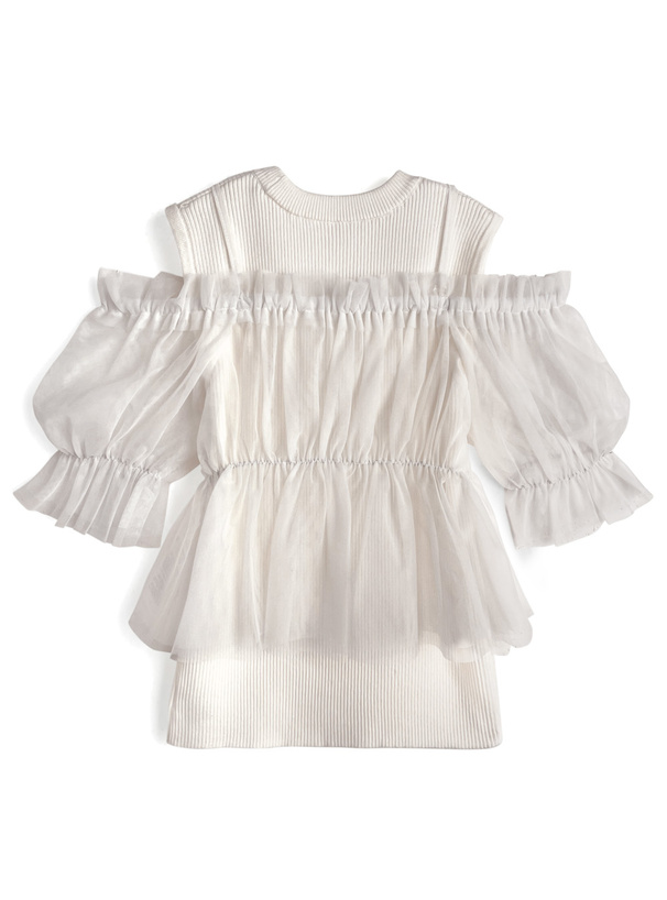 2Wayチュールトップス×ノースリーブリブニットトップスアンサンブル