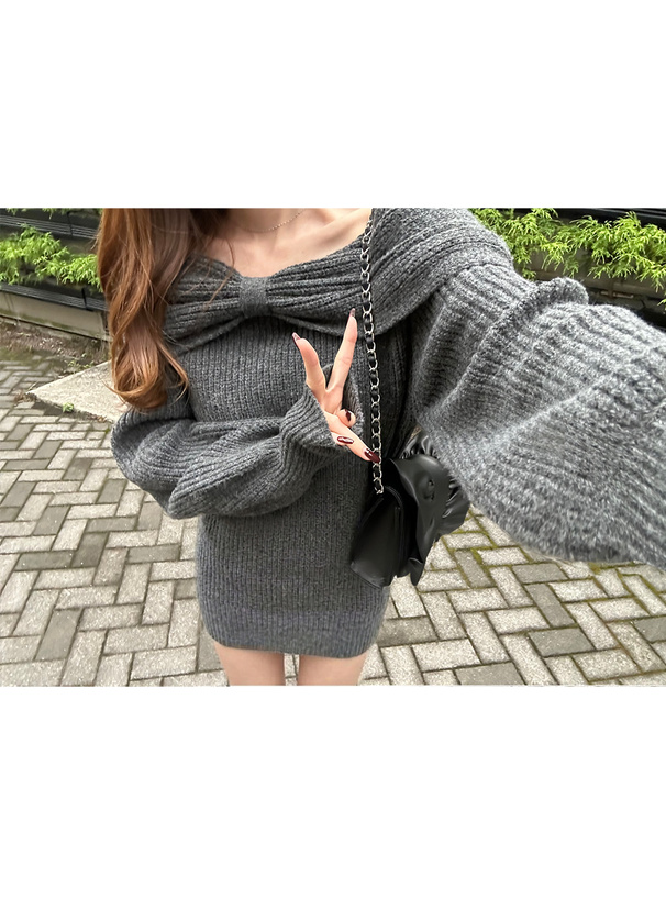 リボンカラーオフショルダーニットワンピース