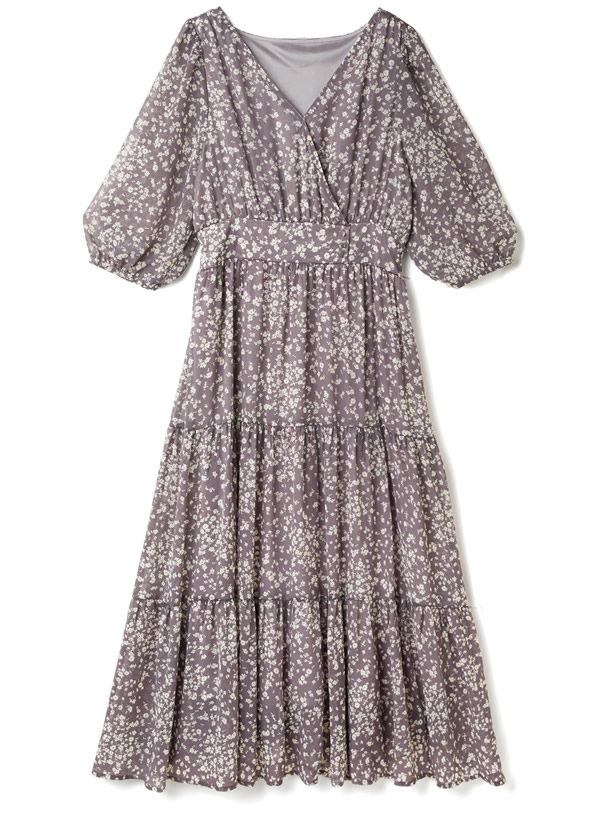 花柄シフォンカシュクールティアードワンピース