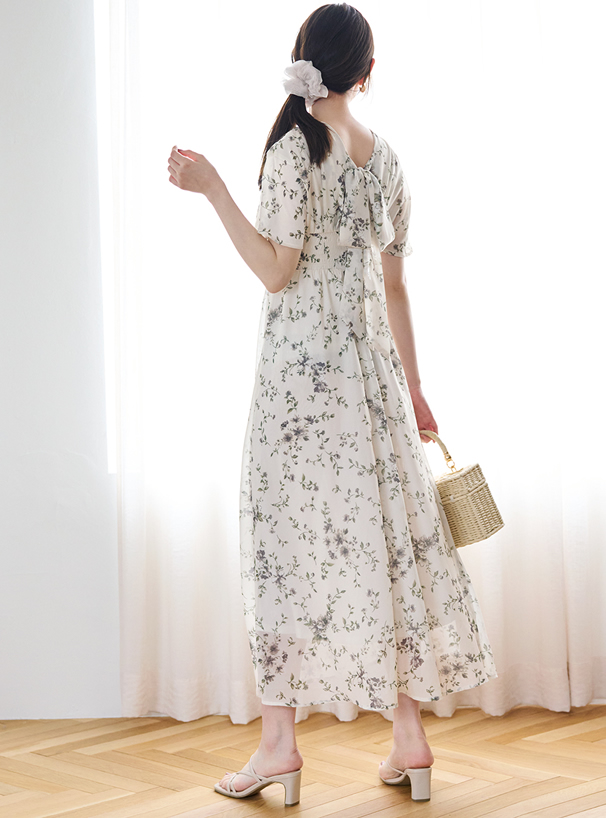 花柄バックリボンシャーリングワンピース